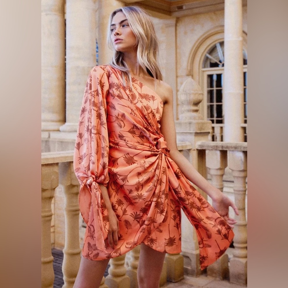 Significant Other Paradis One-Shoulder Georgette Mini Dress in Sunset Palm Sz 2